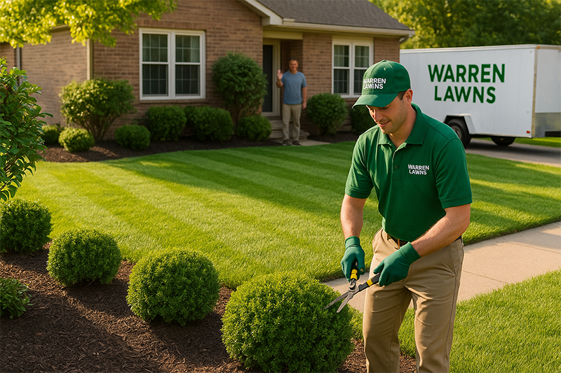 warren lawns worker trimming hedges